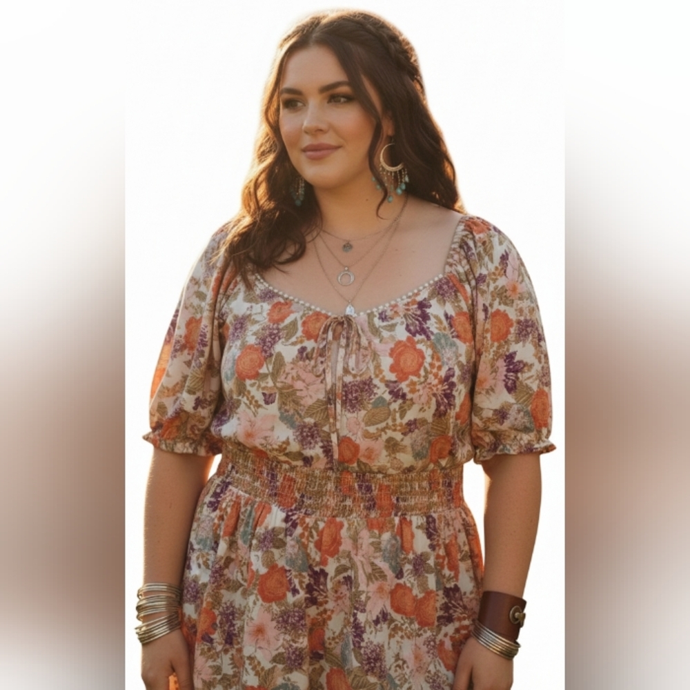 Torrid Milkmaid Top 3X Smocked Puff Sleeve Embroidered Cottage Peasant Boho